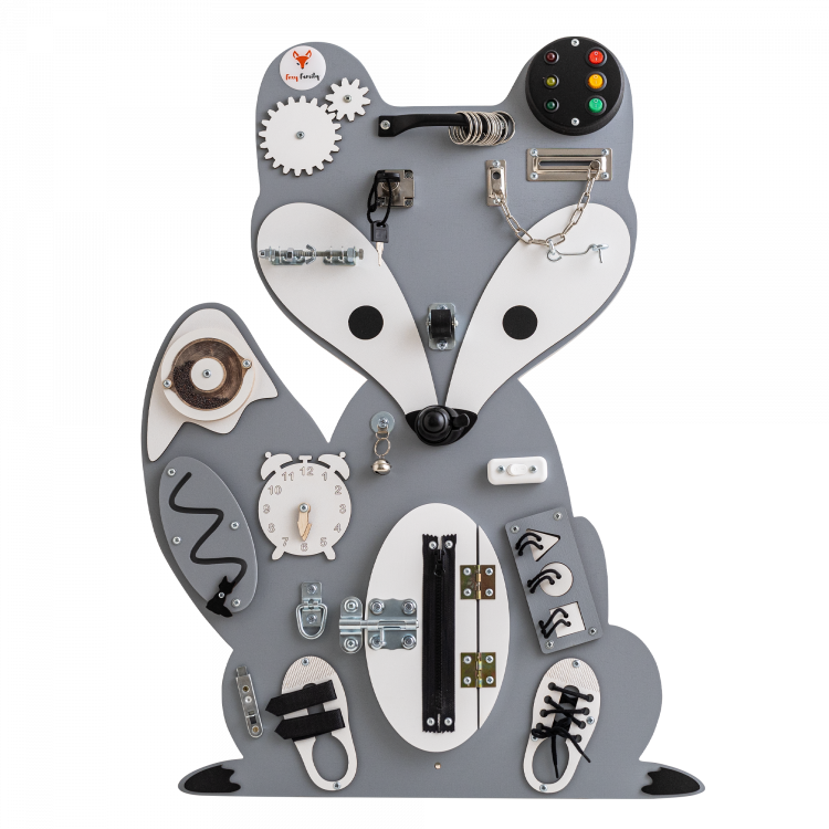 Manipulačná doska / activity board sivá líška Foxy Family 84 cm x 52 cm